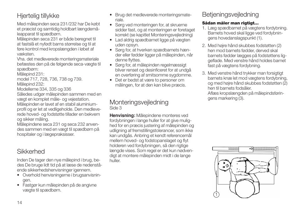 Dansk, Hjertelig tillykke, Sikkerhed | Monteringsvejledning, Betjeningsvejledning | Seca 232 User Manual | Page 14 / 32