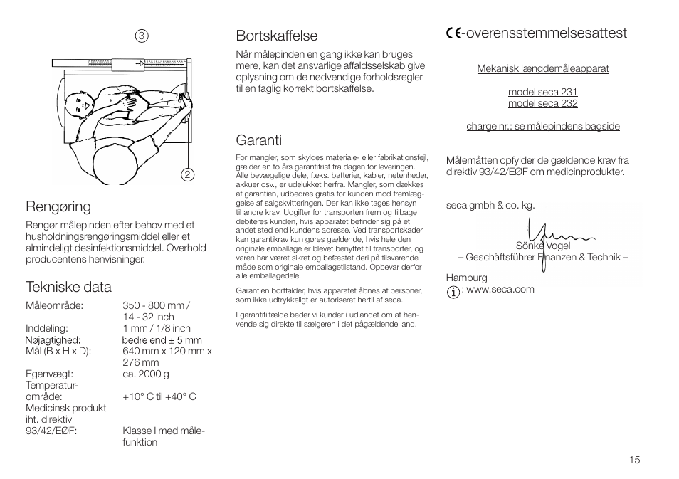 Rengøring, Tekniske data, Bortskaffelse | Garanti, Overensstemmelsesattest | Seca 232 User Manual | Page 15 / 32