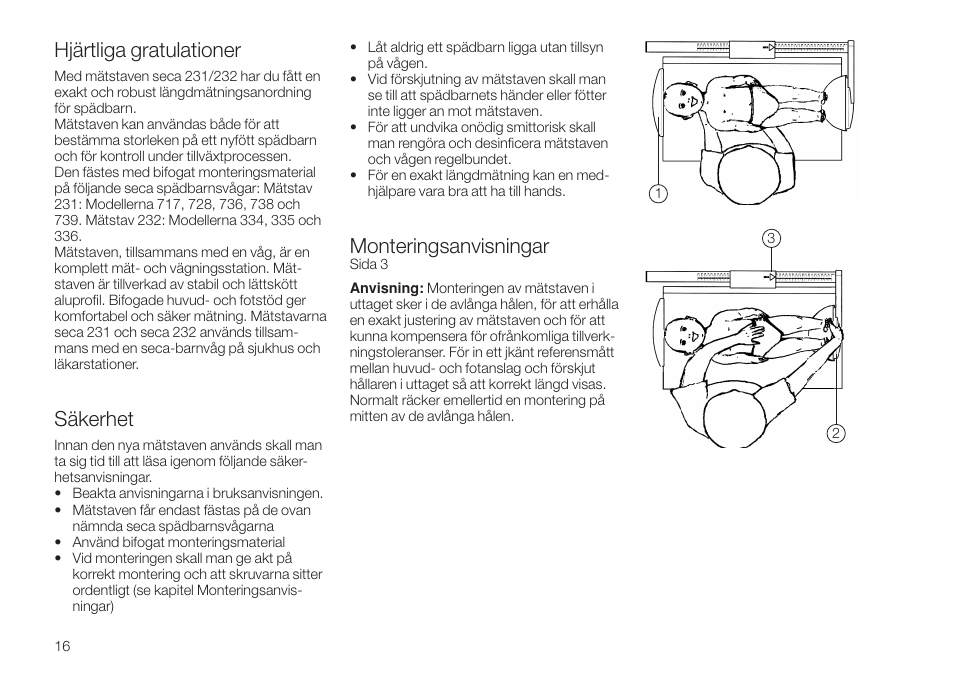 Svenska, Hjärtliga gratulationer, Säkerhet | Monteringsanvisningar | Seca 232 User Manual | Page 16 / 32
