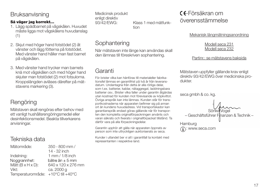 Bruksanvisning, Rengöring, Tekniska data | Sophantering, Garanti, Försäkran omöverensstämmelse, Försäkran om överensstämmelse | Seca 232 User Manual | Page 17 / 32