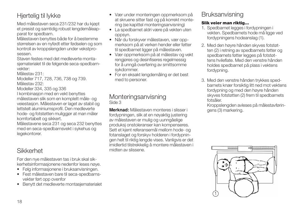 Norsk, Hjertelig til lykke, Sikkerhet | Monteringsanvisning, Bruksanvisning | Seca 232 User Manual | Page 18 / 32