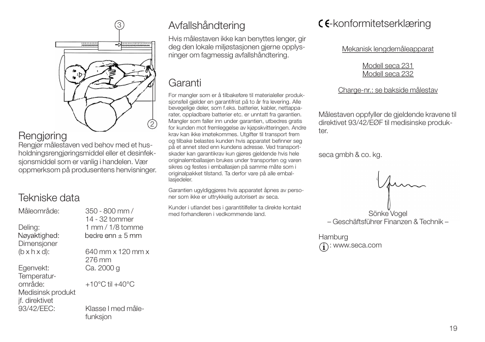 Rengjøring, Tekniske data, Avfallshåndtering | Garanti, Konformitetserklæring | Seca 232 User Manual | Page 19 / 32
