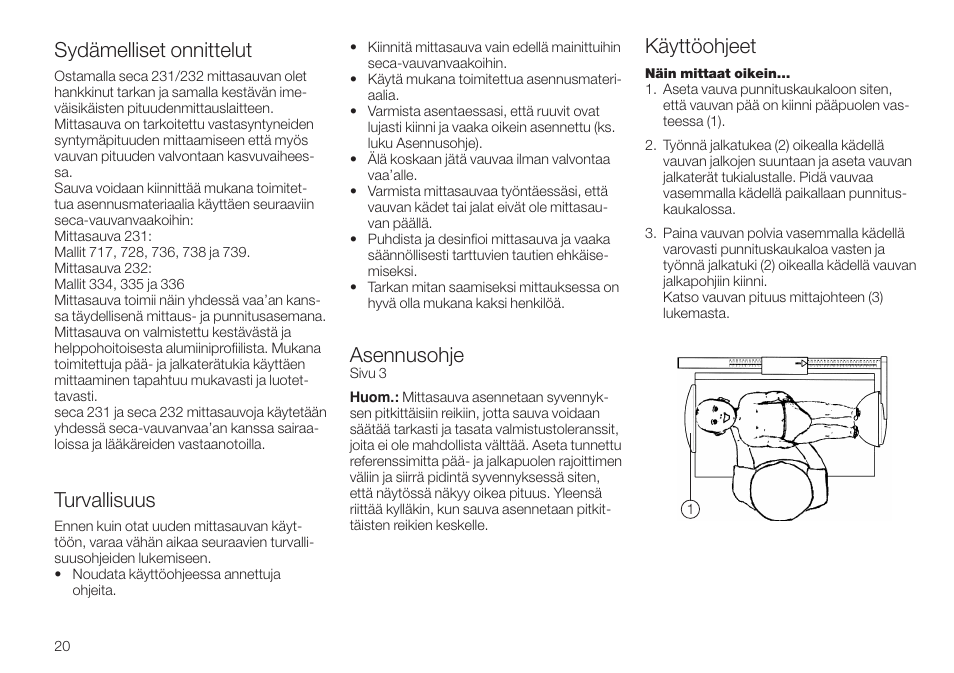 Suomi, Sydämelliset onnittelut, Turvallisuus | Asennusohje, Käyttöohjeet | Seca 232 User Manual | Page 20 / 32