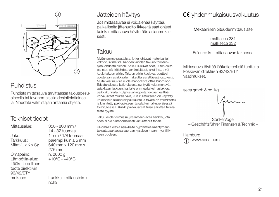 Puhdistus, Tekniset tiedot, Jätteiden hävitys | Takuu, Yhdenmukaisuusvakuutus | Seca 232 User Manual | Page 21 / 32