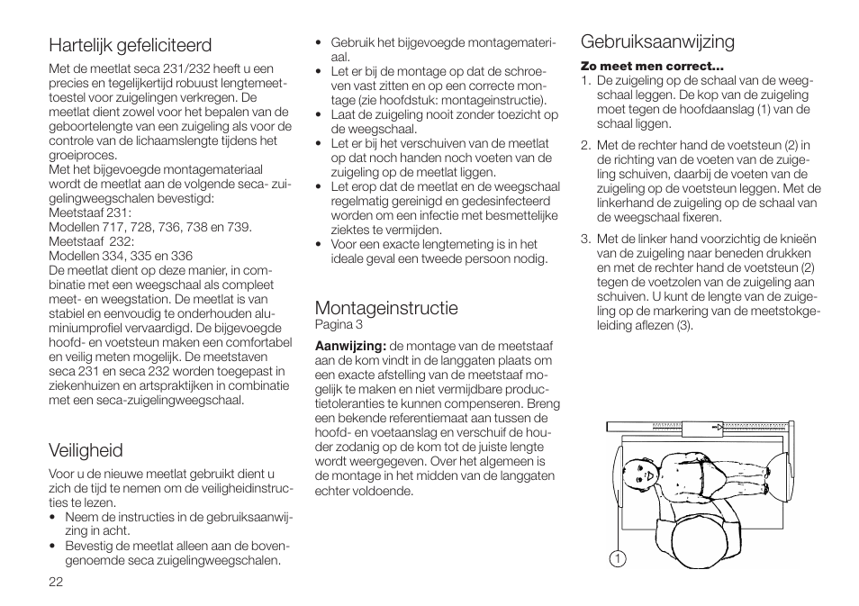 Nederlands, Hartelijk gefeliciteerd, Veiligheid | Montageinstructie, Gebruiksaanwijzing | Seca 232 User Manual | Page 22 / 32