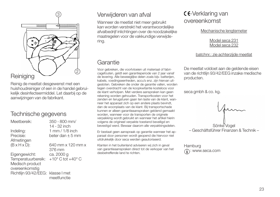 Reiniging, Technische gegevens, Verwijderen van afval | Garantie, Verklaring vanovereenkomst, Verklaring van overeenkomst | Seca 232 User Manual | Page 23 / 32