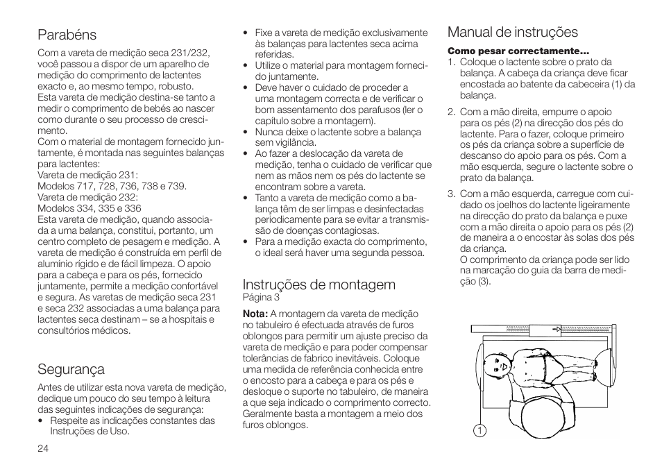 Português, Parabéns, Segurança | Instruções de montagem, Manual de instruções | Seca 232 User Manual | Page 24 / 32