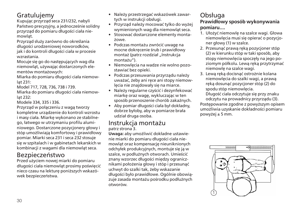 Polski, Gratulujemy, Bezpieczeństwo | Instrukcja montażu, Obsługa | Seca 232 User Manual | Page 30 / 32