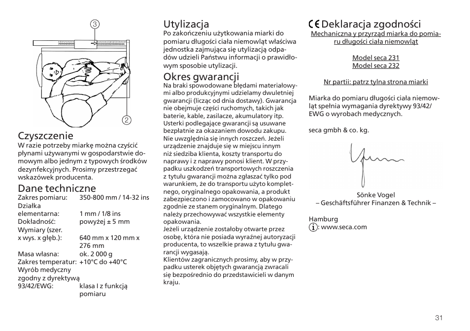 Czyszczenie, Dane techniczne, Utylizacja | Okres gwarancji, Deklaracja zgodności | Seca 232 User Manual | Page 31 / 32