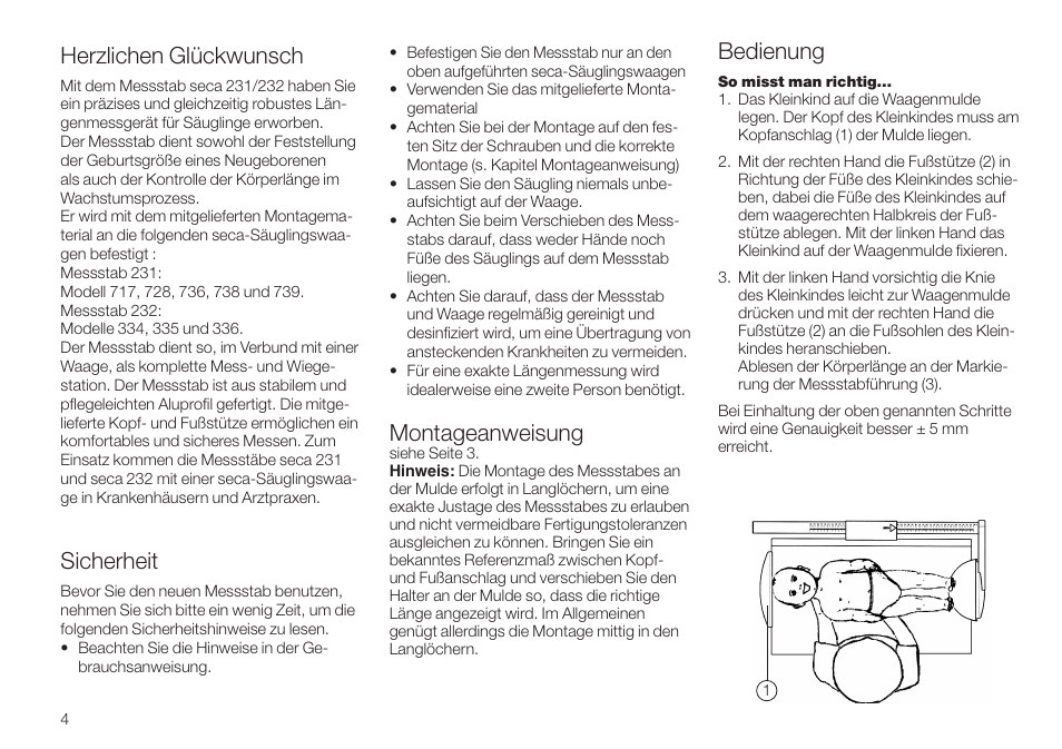 Deutsch, Herzlichen glückwunsch, Sicherheit | Montageanweisung, Bedienung | Seca 232 User Manual | Page 4 / 32