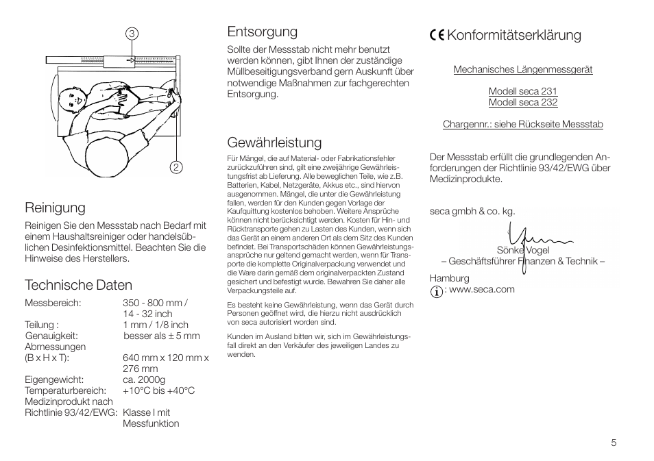 Reinigung, Technische daten, Entsorgung | Gewährleistung, Konformitätserklärung | Seca 232 User Manual | Page 5 / 32