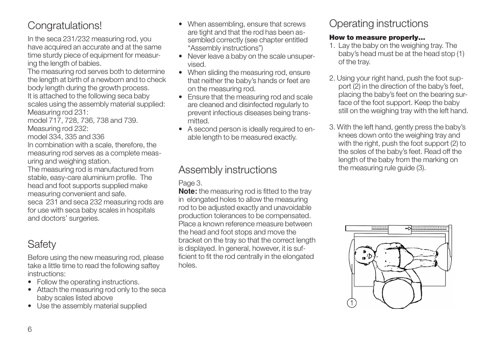 English, Congratulations, Safety | Assembly instructions, Operating instructions | Seca 232 User Manual | Page 6 / 32
