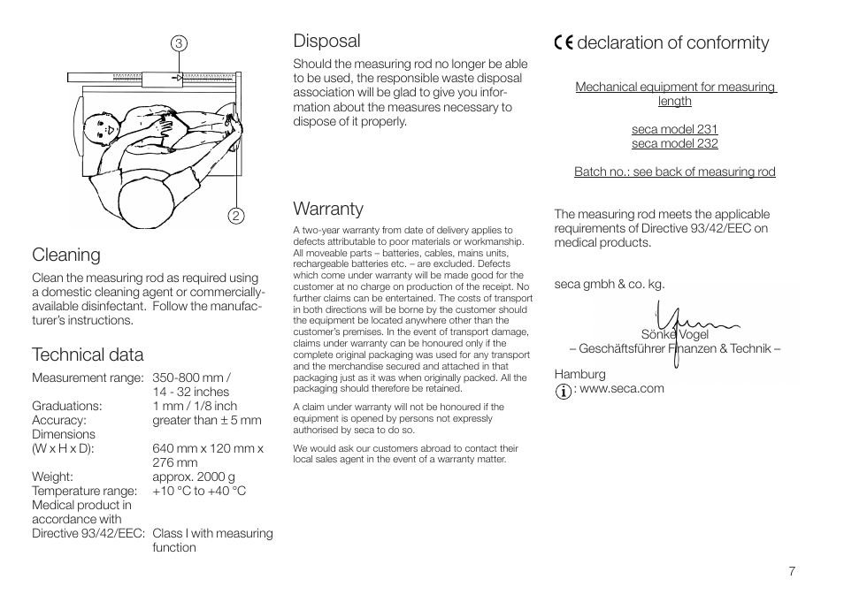 Cleaning, Technical data, Disposal | Warranty, Declaration of conformity | Seca 232 User Manual | Page 7 / 32