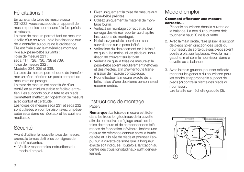 Français, Félicitations, Sécurité | Instructions de montage, Mode d’emploi | Seca 232 User Manual | Page 8 / 32