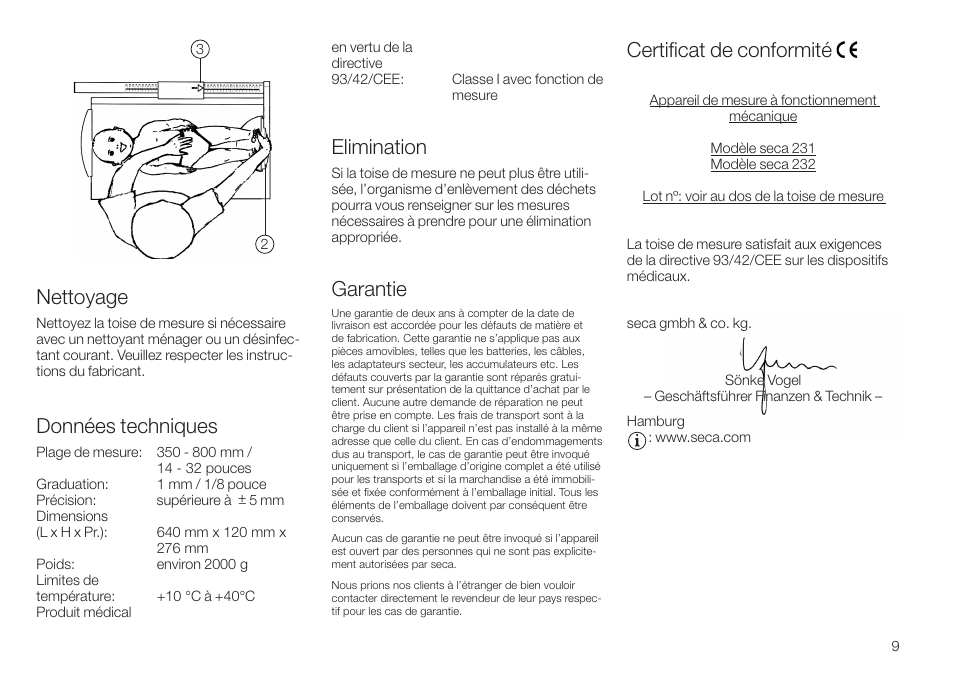 Nettoyage, Données techniques, Elimination | Garantie, Certificat de conformité | Seca 232 User Manual | Page 9 / 32