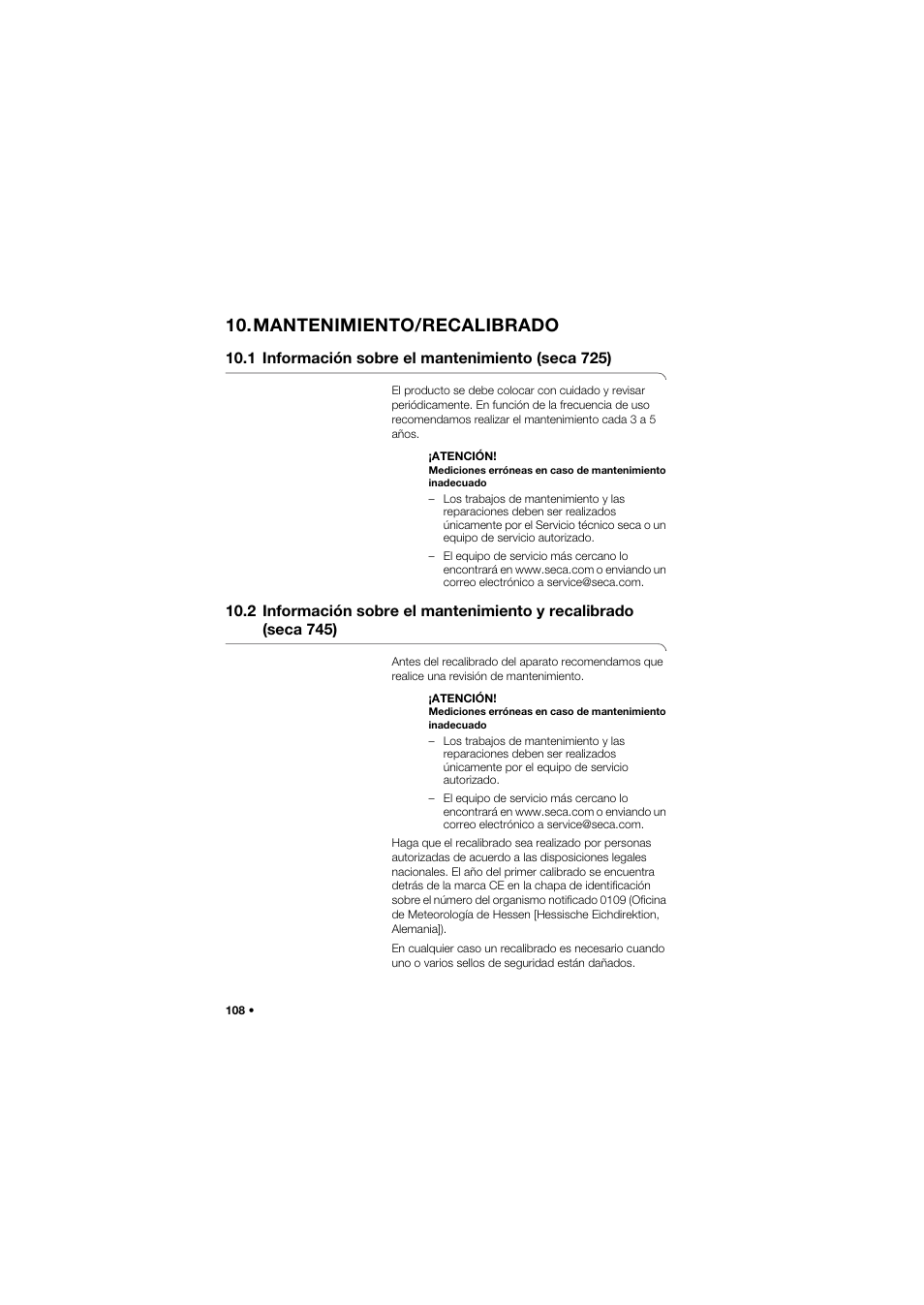 Mantenimiento/recalibrado, 1 información sobre el mantenimiento (seca 725) | Seca 745 band_1 User Manual | Page 108 / 164