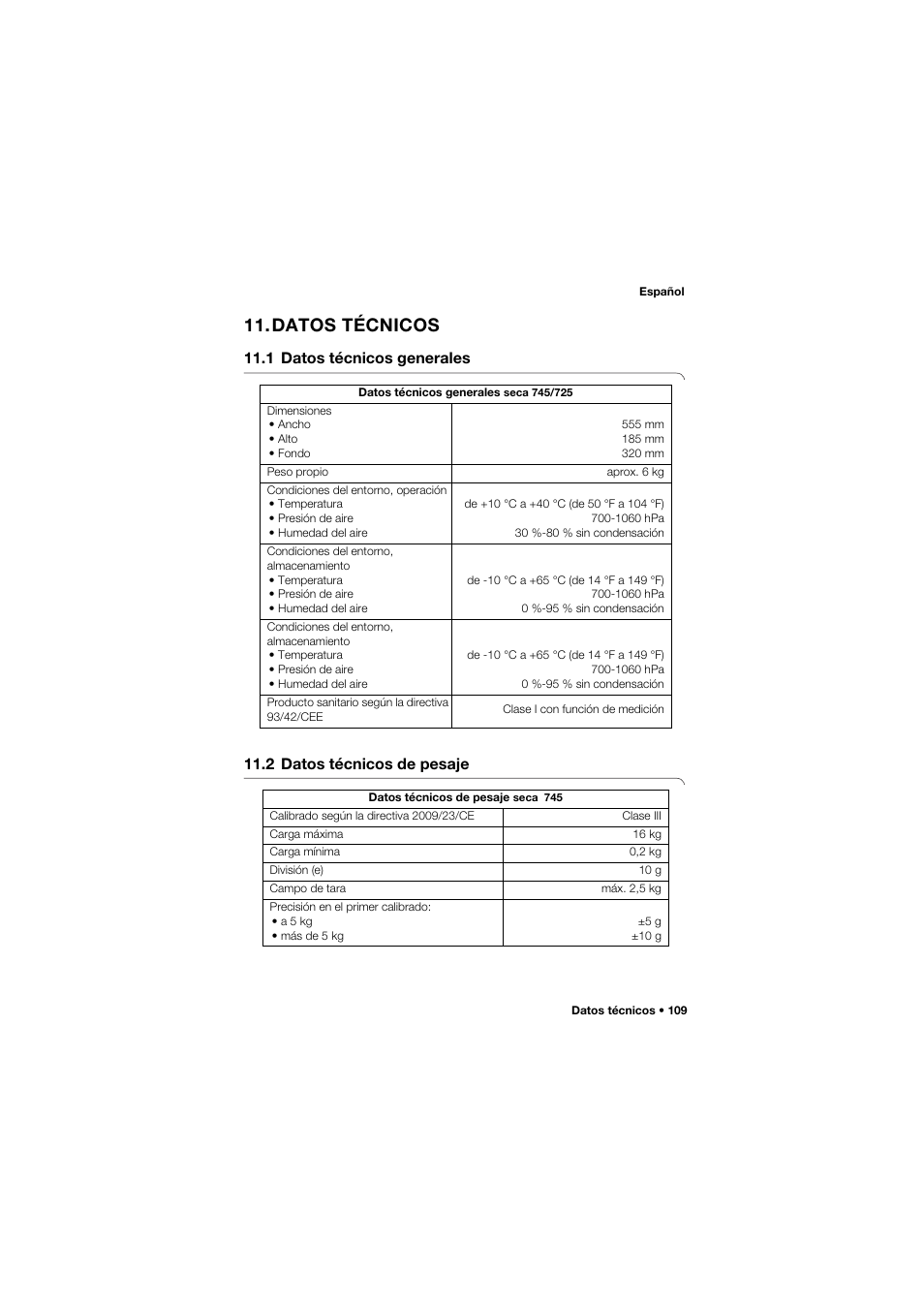 Datos técnicos, 1 datos técnicos generales, 2 datos técnicos de pesaje | Seca 745 band_1 User Manual | Page 109 / 164