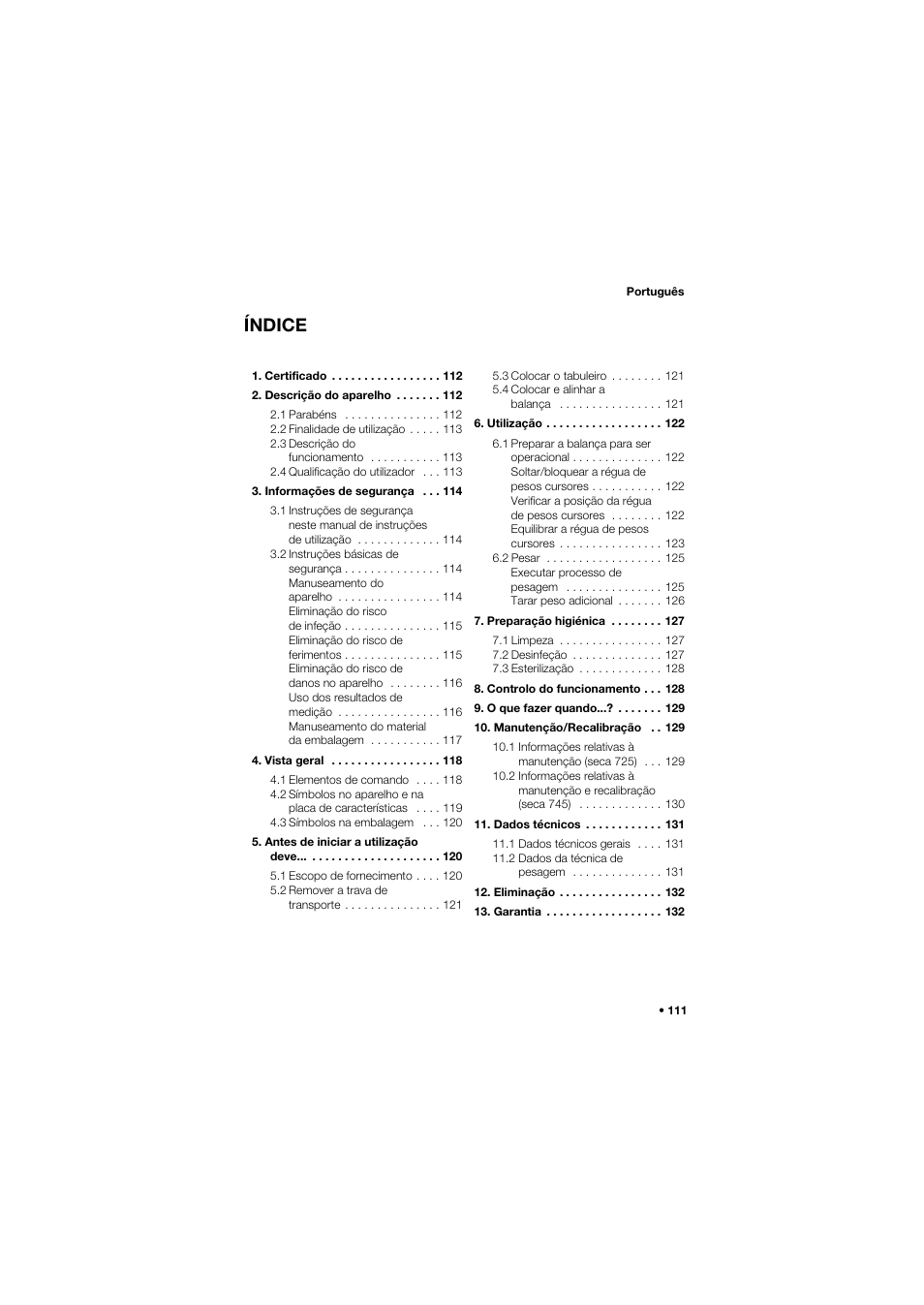 Português, Índice | Seca 745 band_1 User Manual | Page 111 / 164