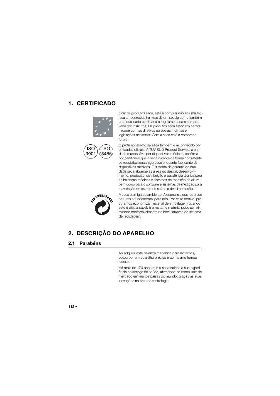 Certificado, Descrição do aparelho, 1 parabéns | Seca 745 band_1 User Manual | Page 112 / 164