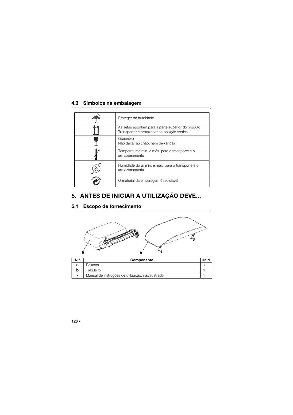 3 símbolos na embalagem, Antes de iniciar a utilização deve, 1 escopo de fornecimento | Seca 745 band_1 User Manual | Page 120 / 164