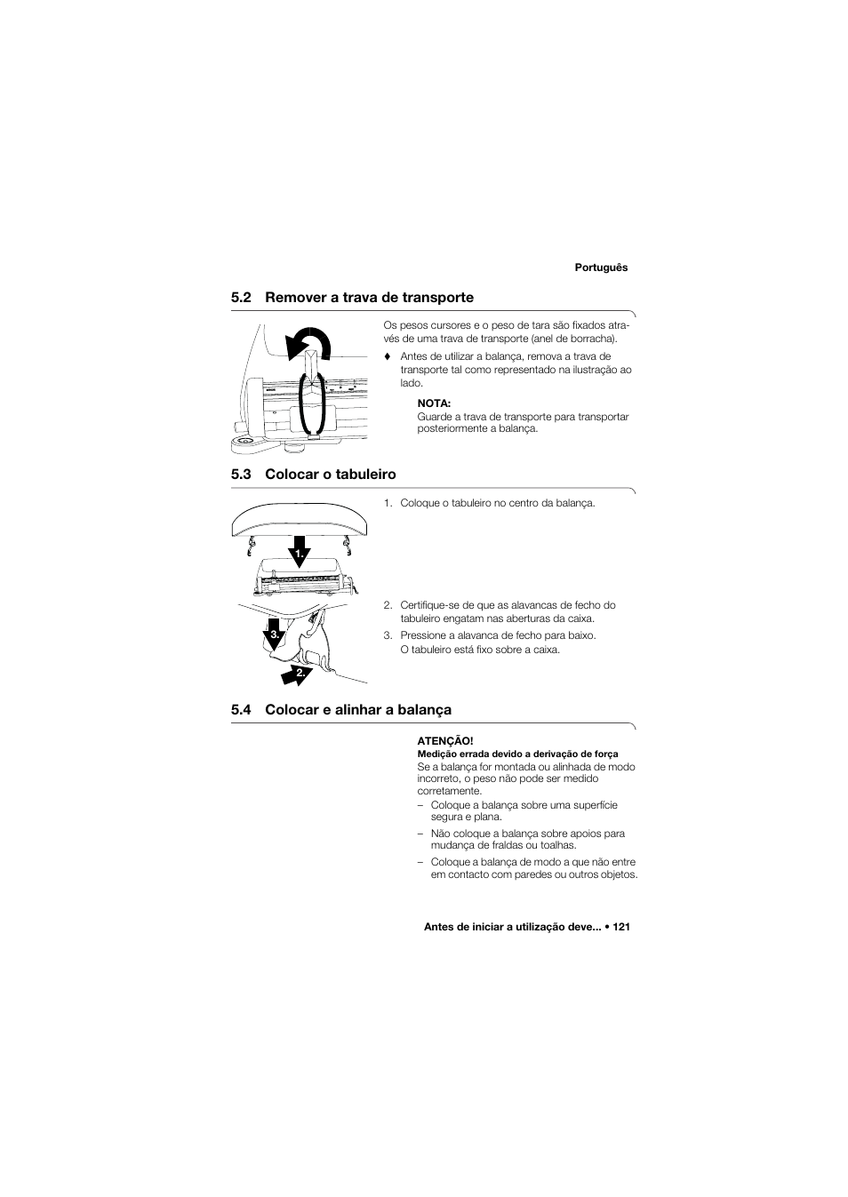 2 remover a trava de transporte, 3 colocar o tabuleiro, 4 colocar e alinhar a balança | Seca 745 band_1 User Manual | Page 121 / 164