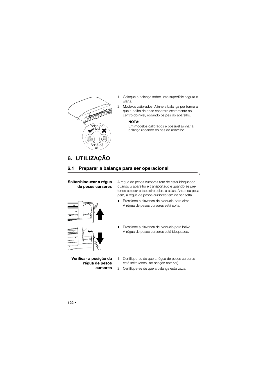 Utilização, 1 preparar a balança para ser operacional, Soltar/bloquear a régua de pesos cursores | Verificar a posição da régua de pesos cursores | Seca 745 band_1 User Manual | Page 122 / 164