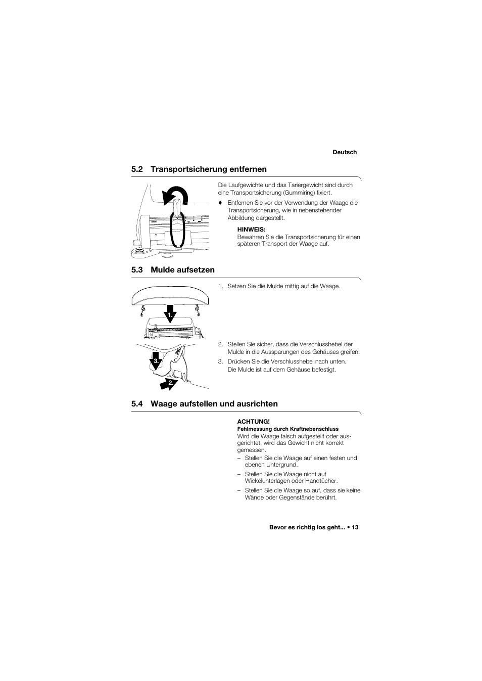 2 transportsicherung entfernen, 3 mulde aufsetzen, 4 waage aufstellen und ausrichten | Seca 745 band_1 User Manual | Page 13 / 164