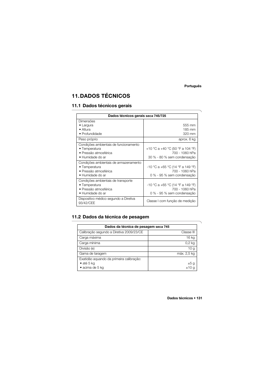 Dados técnicos, 1 dados técnicos gerais, 2 dados da técnica de pesagem | Seca 745 band_1 User Manual | Page 131 / 164