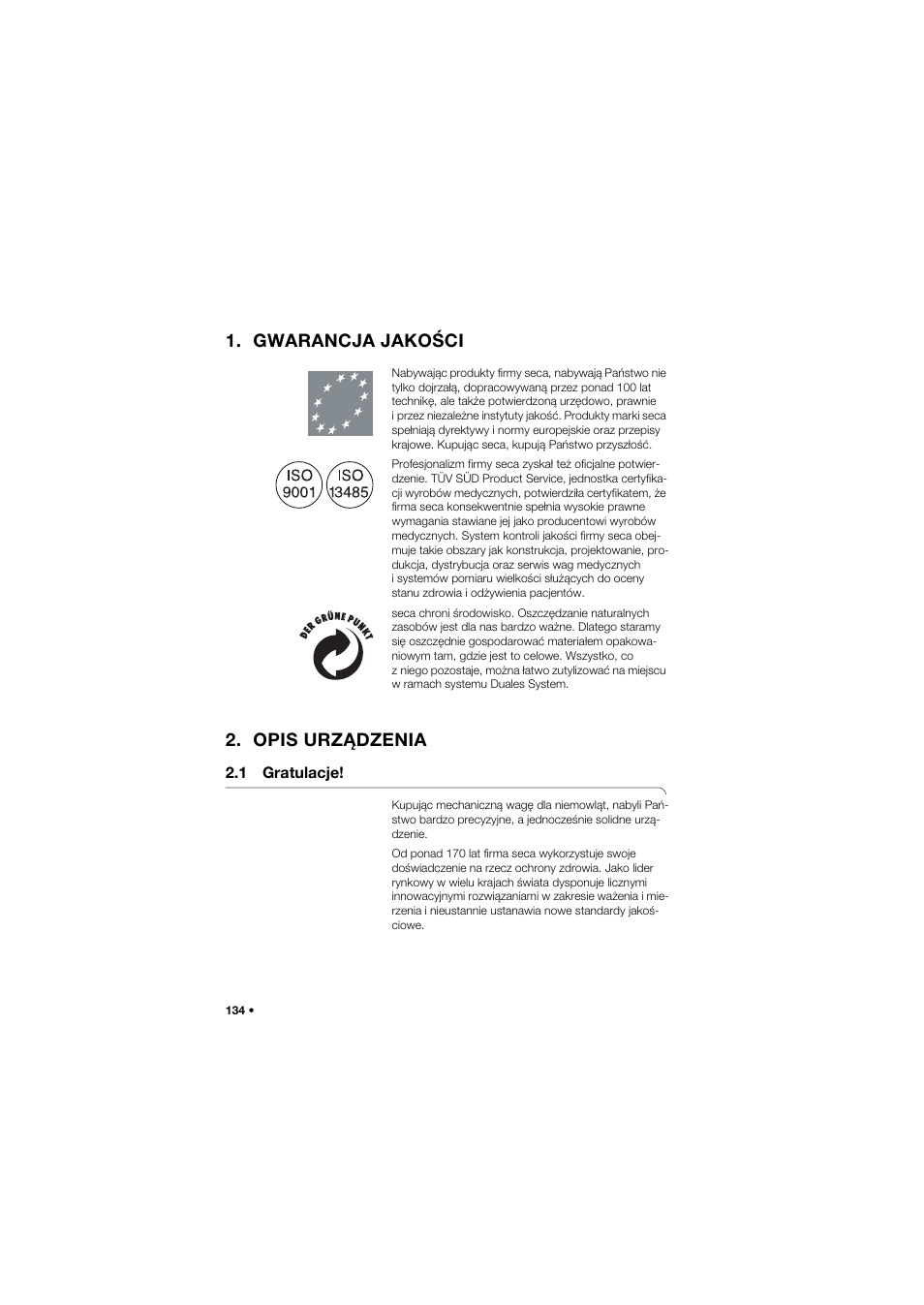 Gwarancja jakości, Opis urządzenia, 1 gratulacje | Seca 745 band_1 User Manual | Page 134 / 164