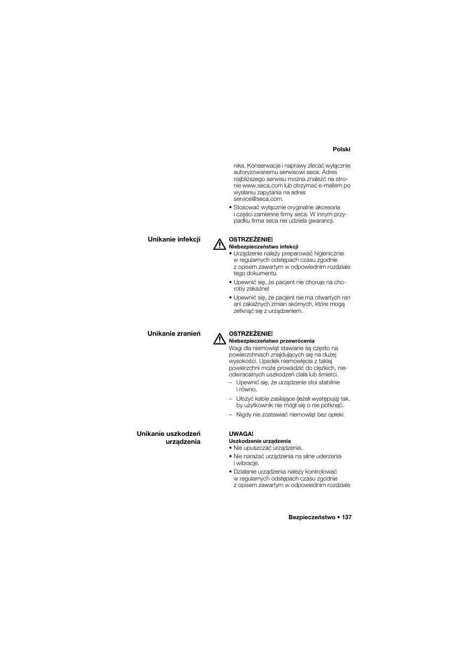 Unikanie infekcji, Unikanie zranień, Unikanie uszkodzeń urządzenia | Seca 745 band_1 User Manual | Page 137 / 164