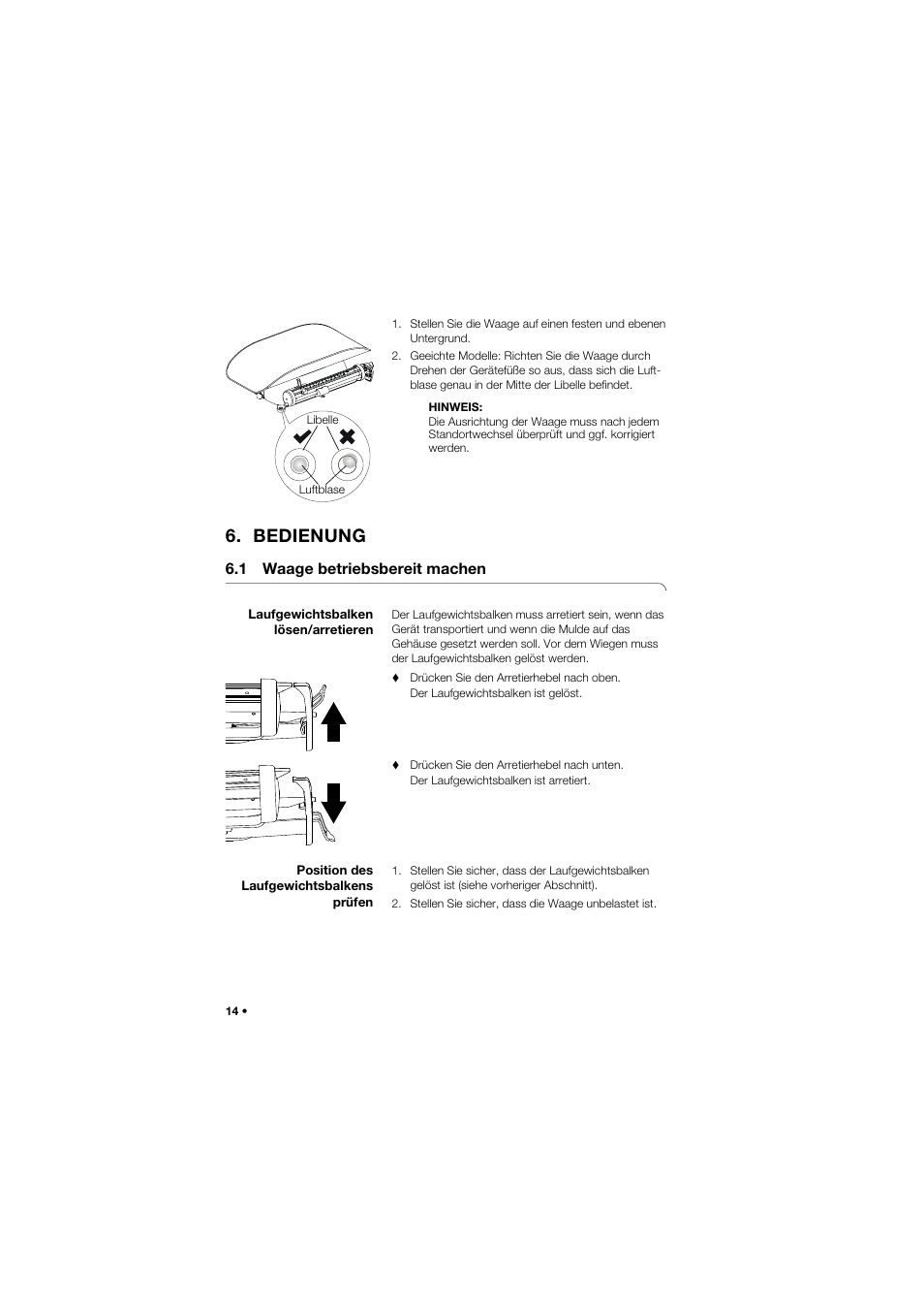 Bedienung, 1 waage betriebsbereit machen, Laufgewichtsbalken lösen/arretieren | Position des laufgewichtsbalkens prüfen | Seca 745 band_1 User Manual | Page 14 / 164