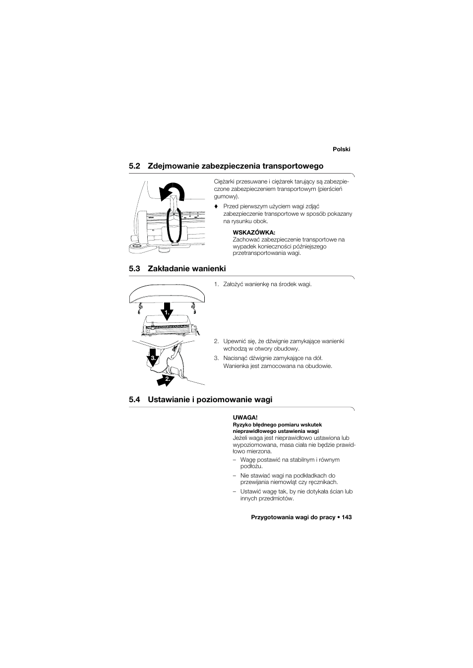 2 zdejmowanie zabezpieczenia transportowego, 3 zakładanie wanienki, 4 ustawianie i poziomowanie wagi | Seca 745 band_1 User Manual | Page 143 / 164