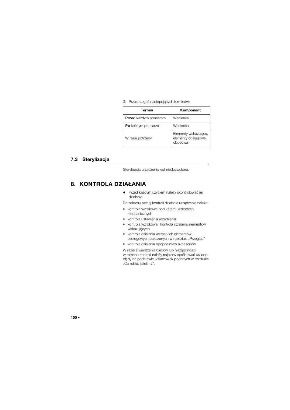 3 sterylizacja, Kontrola działania | Seca 745 band_1 User Manual | Page 150 / 164