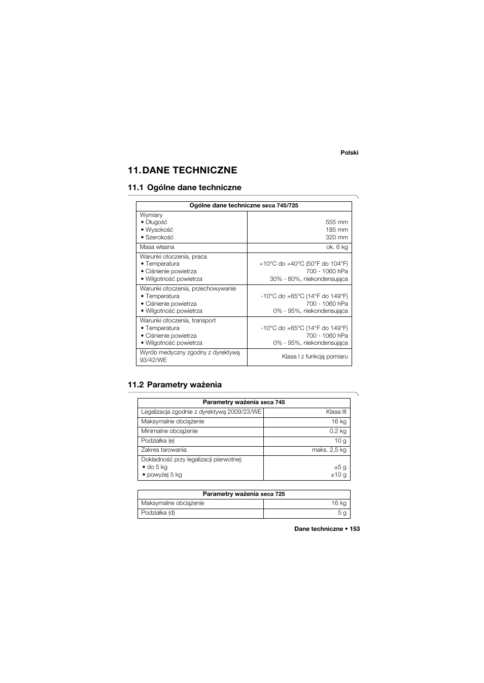 Dane techniczne, 1 ogólne dane techniczne, 2 parametry ważenia | 1 ogólne dane techniczne 11.2 parametry ważenia | Seca 745 band_1 User Manual | Page 153 / 164