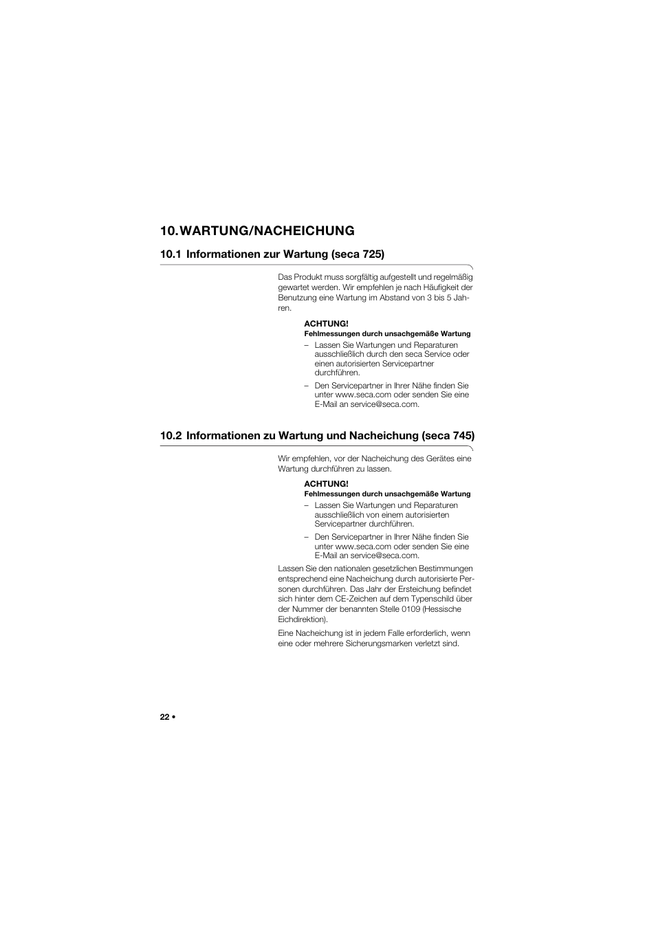 Wartung/nacheichung, 1 informationen zur wartung (seca 725) | Seca 745 band_1 User Manual | Page 22 / 164