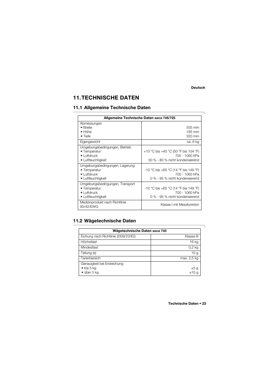 Technische daten, 1 allgemeine technische daten, 2 wägetechnische daten | Seca 745 band_1 User Manual | Page 23 / 164
