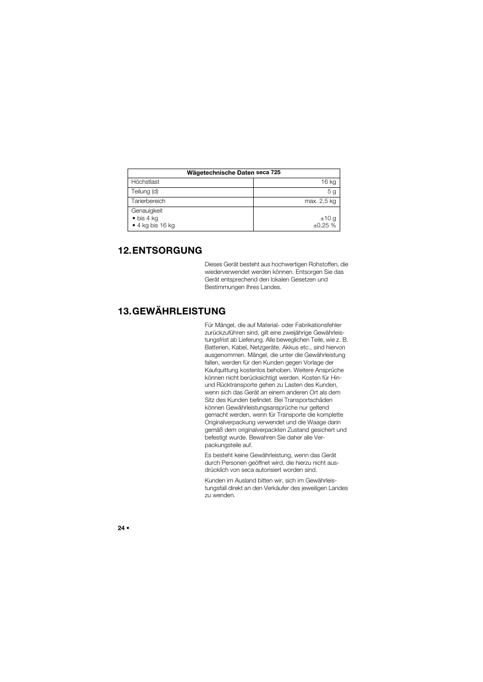 Entsorgung, Gewährleistung | Seca 745 band_1 User Manual | Page 24 / 164
