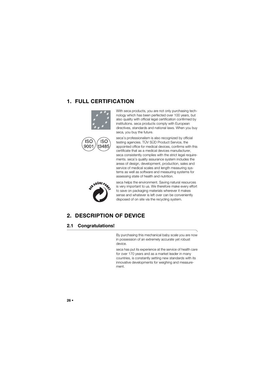 Full certification, Description of device, 1 congratulations | Seca 745 band_1 User Manual | Page 26 / 164