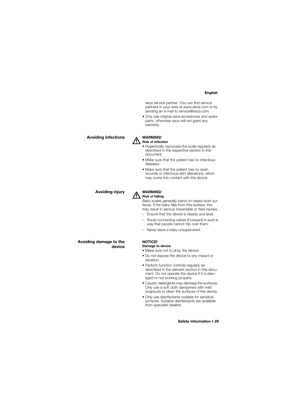 Avoiding infections, Avoiding injury, Avoiding damage to the device | Seca 745 band_1 User Manual | Page 29 / 164