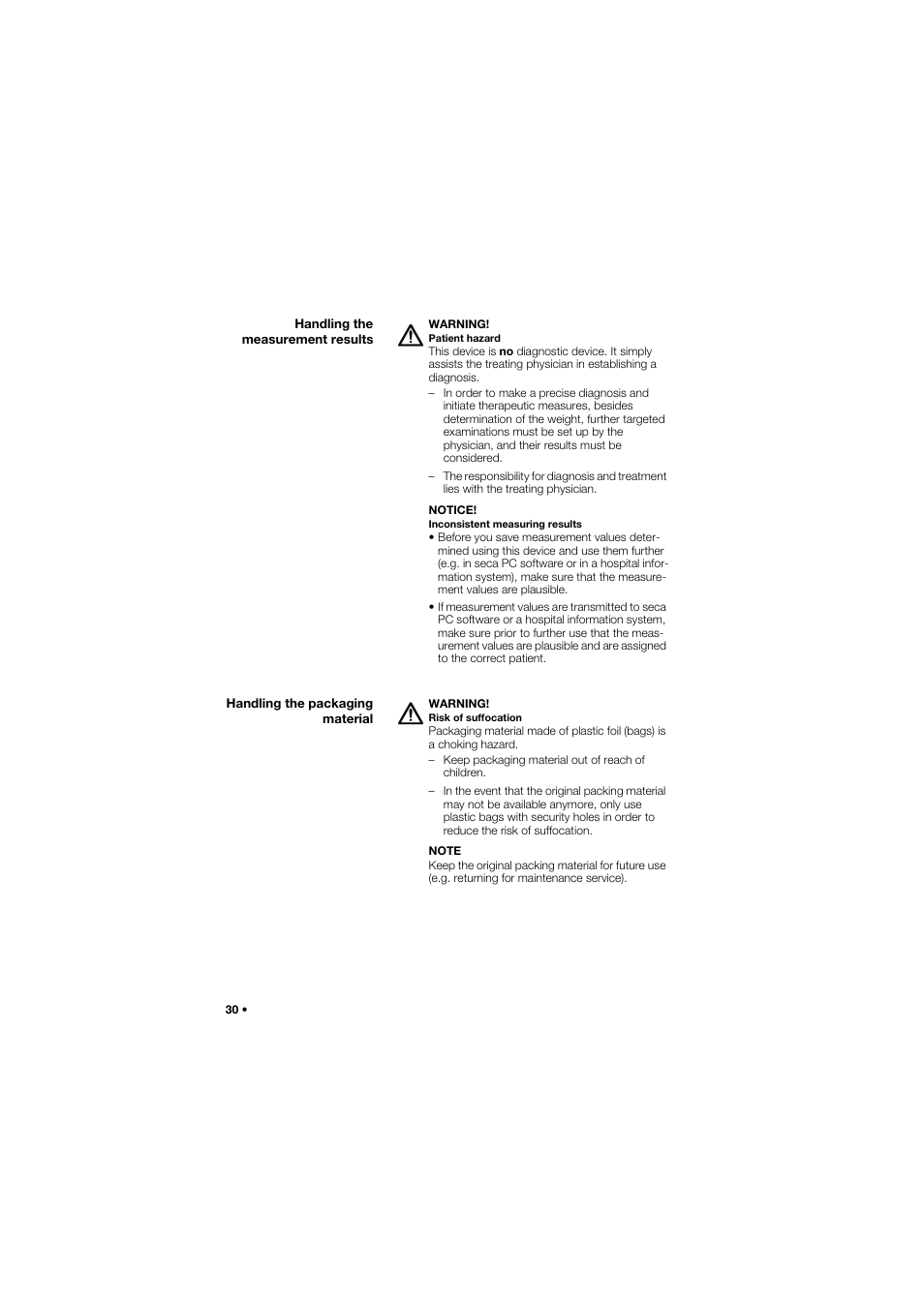 Handling the measurement results, Handling the packaging material | Seca 745 band_1 User Manual | Page 30 / 164