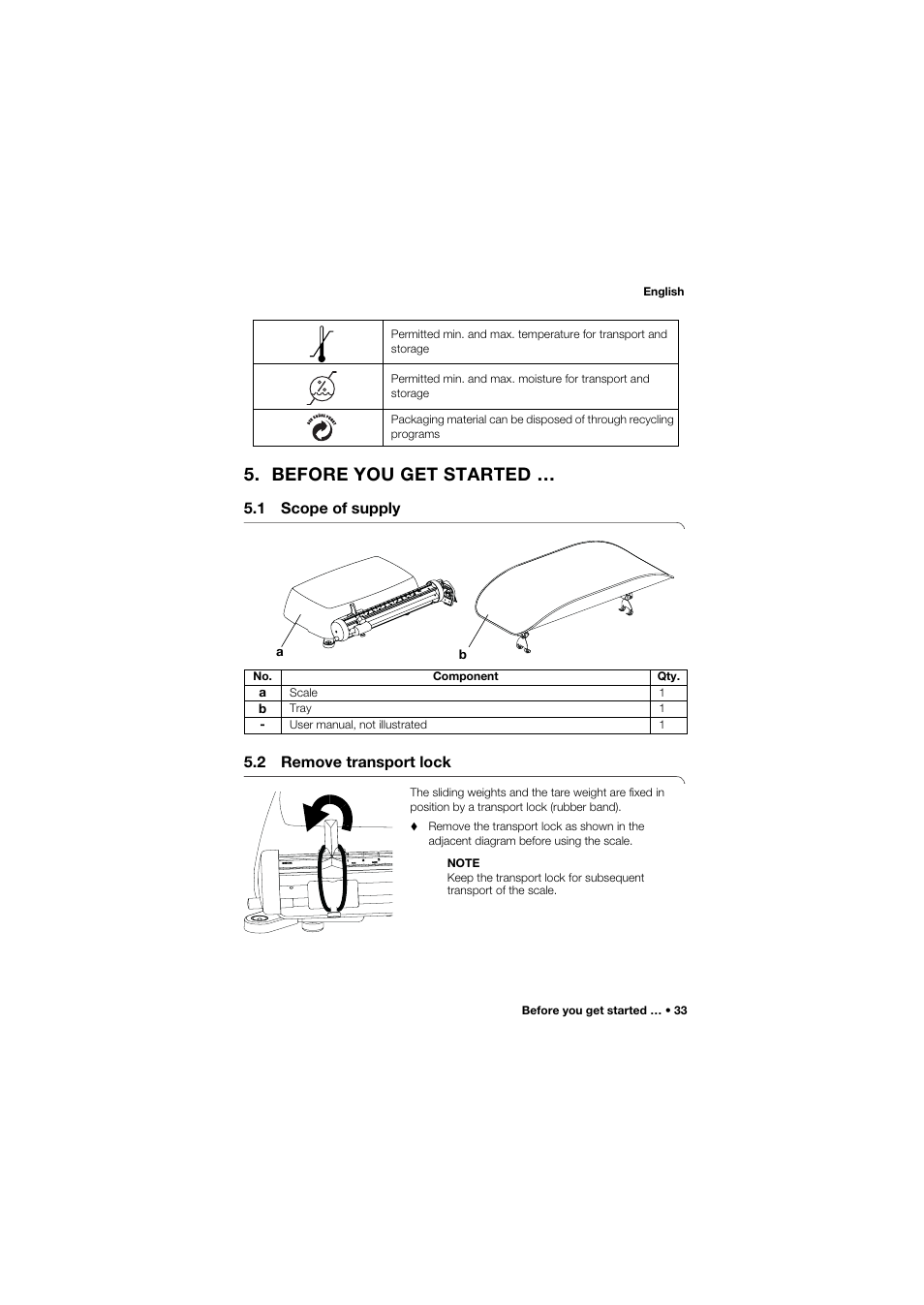 Before you get started, 1 scope of supply, 2 remove transport lock | Seca 745 band_1 User Manual | Page 33 / 164