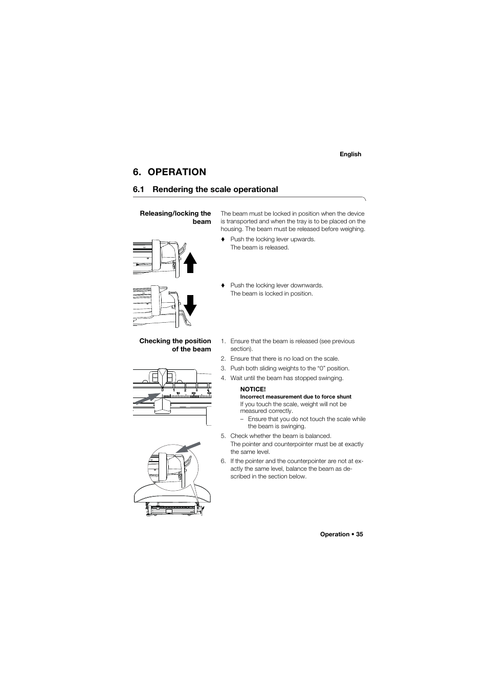 Operation, 1 rendering the scale operational, Releasing/locking the beam | Checking the position of the beam | Seca 745 band_1 User Manual | Page 35 / 164