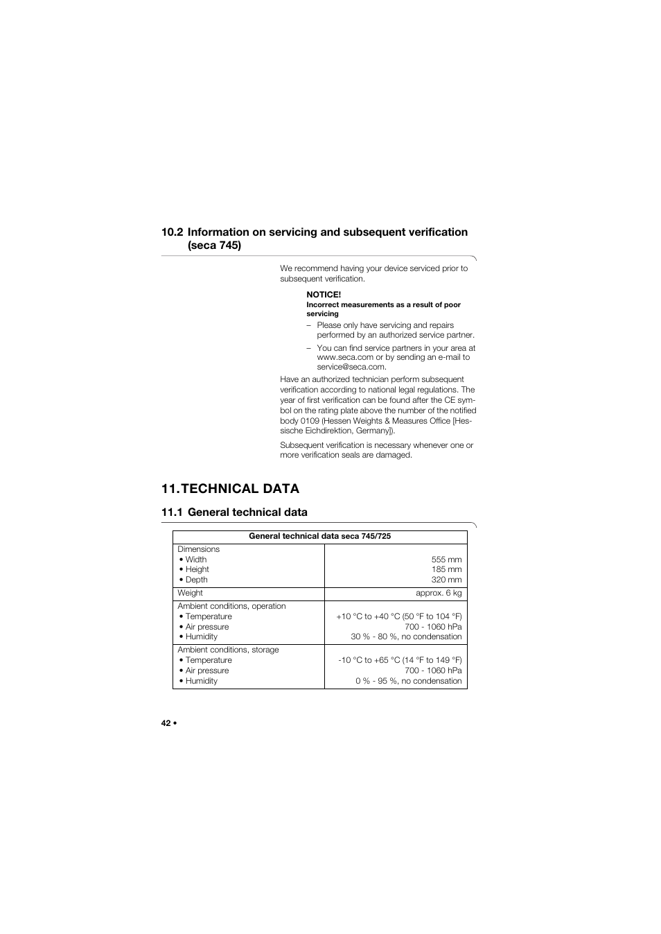 Technical data, 1 general technical data | Seca 745 band_1 User Manual | Page 42 / 164
