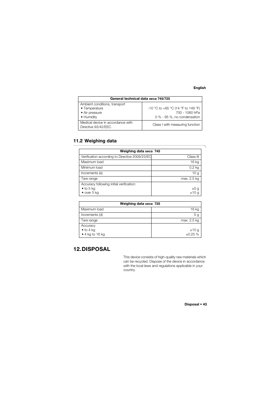 2 weighing data, Disposal | Seca 745 band_1 User Manual | Page 43 / 164