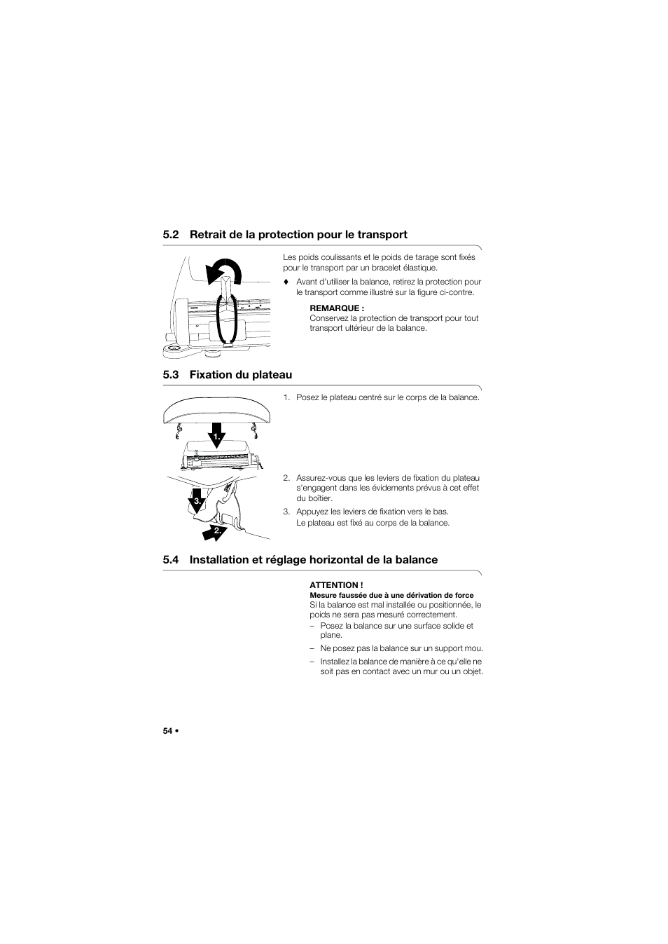 2 retrait de la protection pour le transport, 3 fixation du plateau, 4 installation et réglage horizontal de la balance | Seca 745 band_1 User Manual | Page 54 / 164
