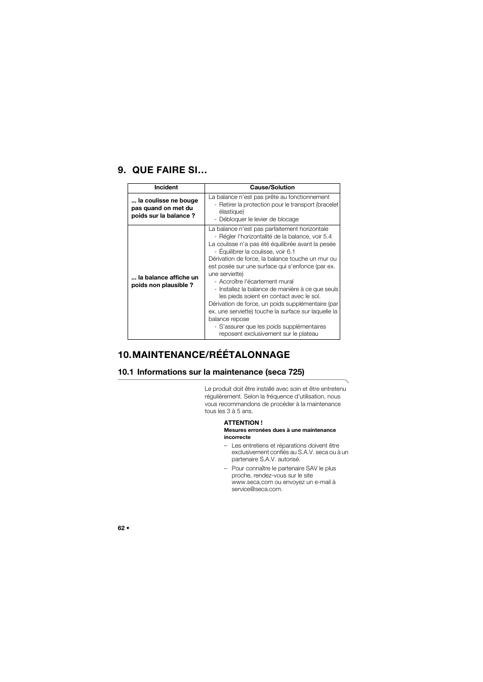 Que faire si, Maintenance/réétalonnage, 1 informations sur la maintenance (seca 725) | Que faire si… 10.maintenance/réétalonnage | Seca 745 band_1 User Manual | Page 62 / 164