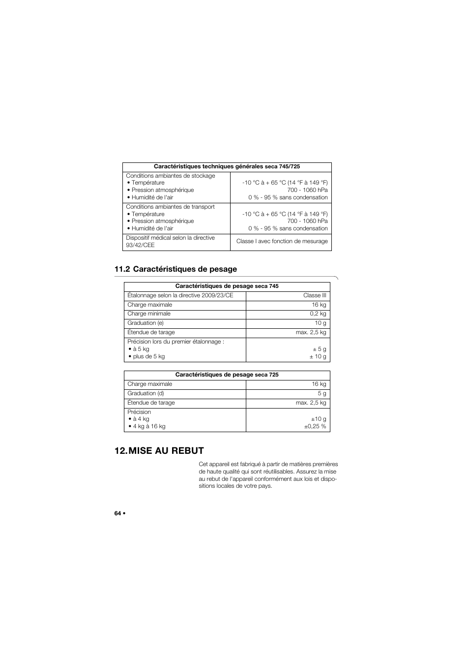 2 caractéristiques de pesage, Mise au rebut | Seca 745 band_1 User Manual | Page 64 / 164