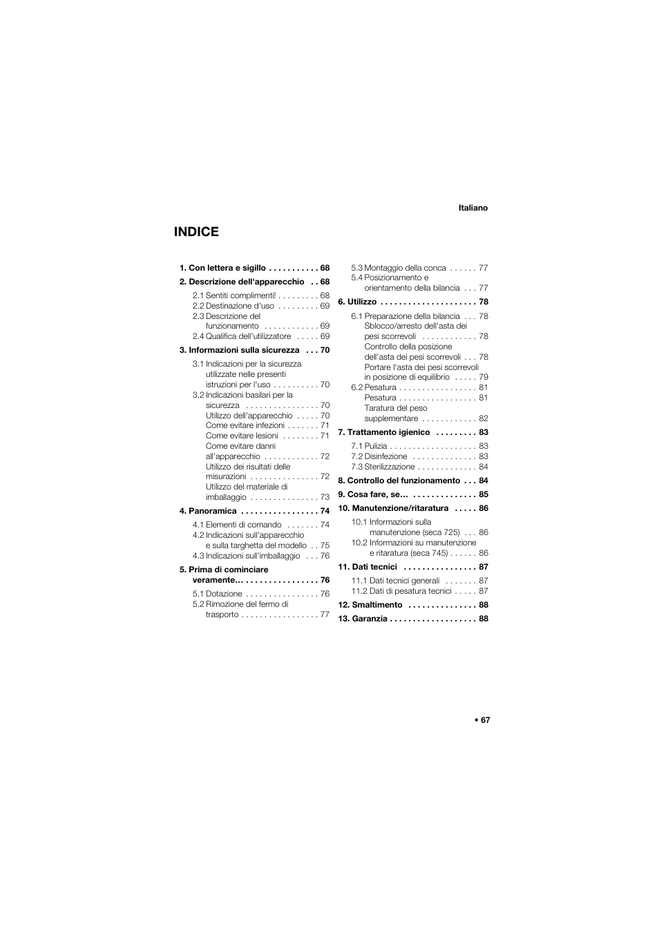 Italiano, Indice | Seca 745 band_1 User Manual | Page 67 / 164
