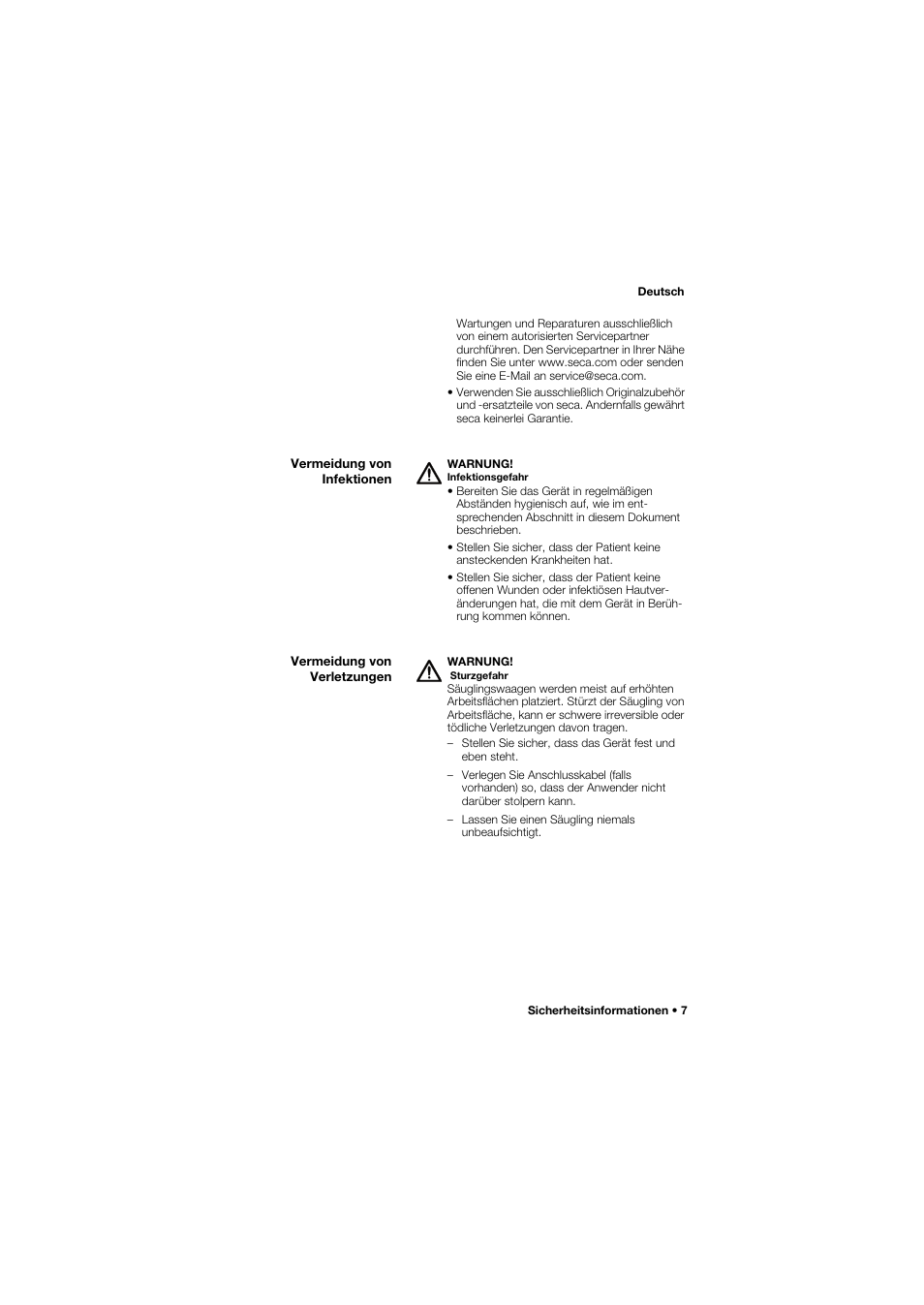 Vermeidung von infektionen, Vermeidung von verletzungen | Seca 745 band_1 User Manual | Page 7 / 164