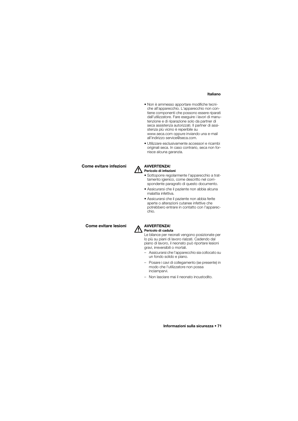 Come evitare infezioni, Come evitare lesioni | Seca 745 band_1 User Manual | Page 71 / 164